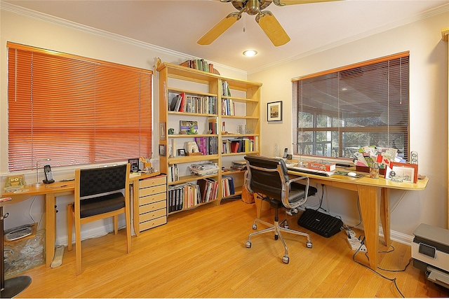 home office with ceiling fan, ornamental molding, and wood finished floors