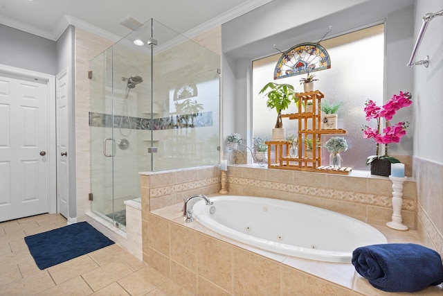 bathroom featuring a shower stall, ornamental molding, tile patterned flooring, and a jetted tub