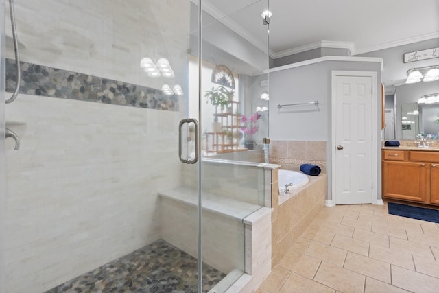 full bath featuring a bath, a stall shower, tile patterned flooring, vanity, and ornamental molding