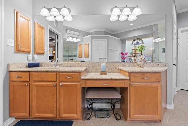 bathroom featuring walk in shower, vanity, tile patterned flooring, and crown molding