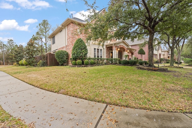 view of front of home with brick siding, fence, and a front yard