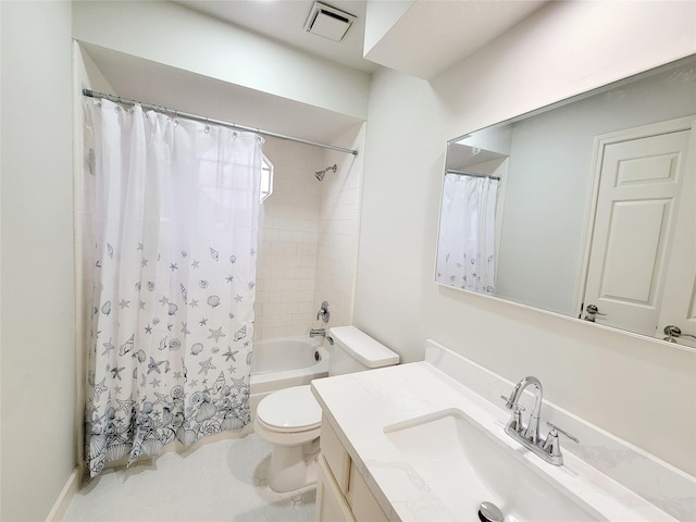 full bathroom with vanity, shower / bathtub combination with curtain, and toilet