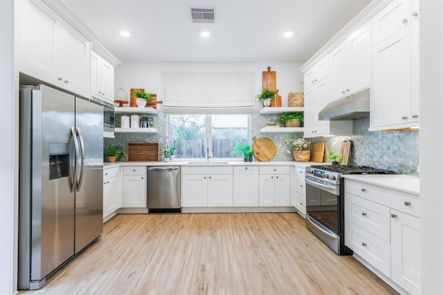 kitchen featuring sink, stainless steel appliances, white cabinets, decorative backsplash, and light wood-type flooring