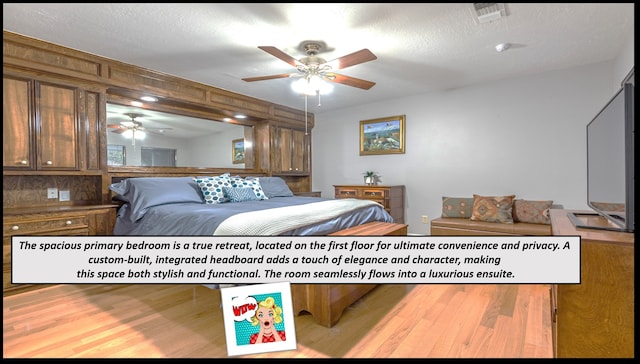 bedroom with ceiling fan and a textured ceiling