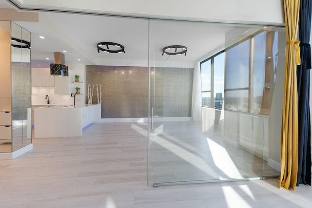 bathroom featuring sink, hardwood / wood-style floors, and expansive windows