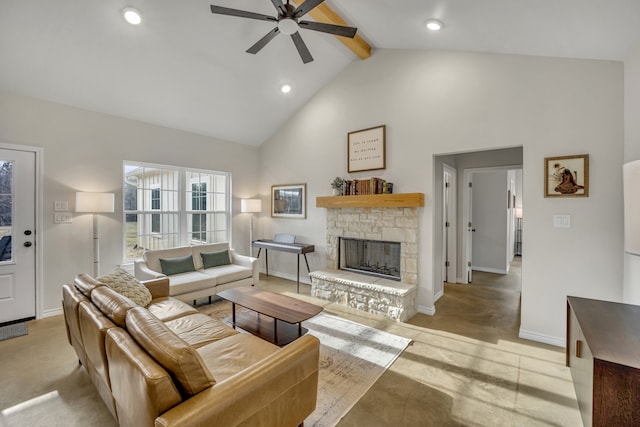 living room featuring beamed ceiling, ceiling fan, a fireplace, and high vaulted ceiling