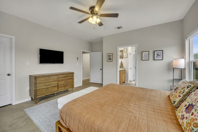 bedroom featuring ensuite bathroom and ceiling fan