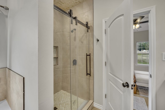 bathroom featuring a shower with door and ceiling fan