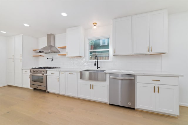 kitchen featuring white cabinetry, wall chimney range hood, stainless steel appliances, and sink