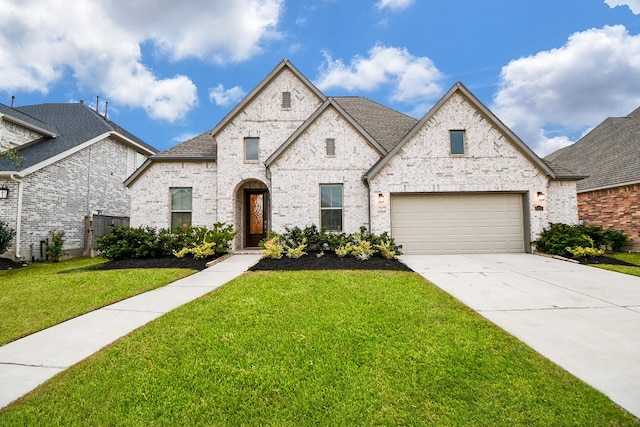 french country home with a garage and a front yard