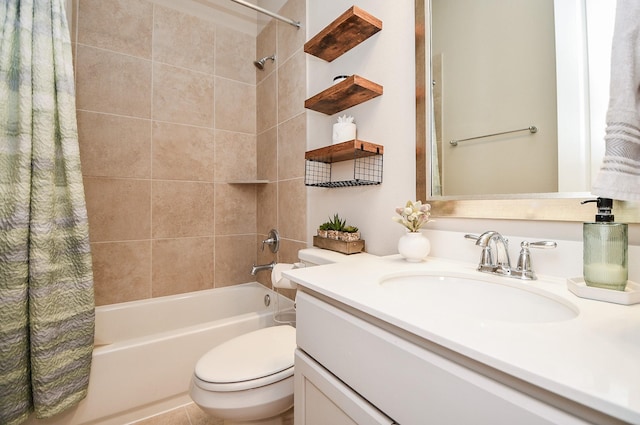 full bathroom with vanity, shower / bath combination with curtain, and toilet