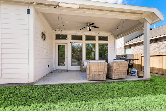 view of patio with ceiling fan and an outdoor hangout area