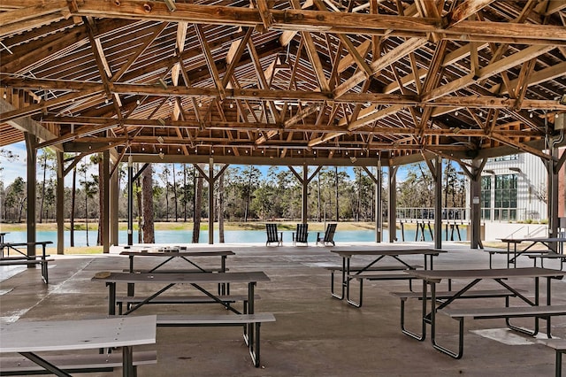 view of property's community with a gazebo and a water view