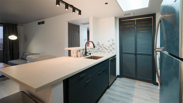 kitchen featuring sink, light hardwood / wood-style flooring, kitchen peninsula, stainless steel appliances, and decorative backsplash