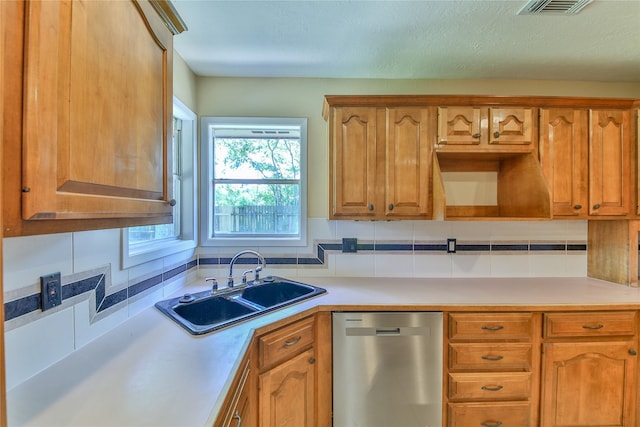 kitchen featuring sink, stainless steel dishwasher, and decorative backsplash