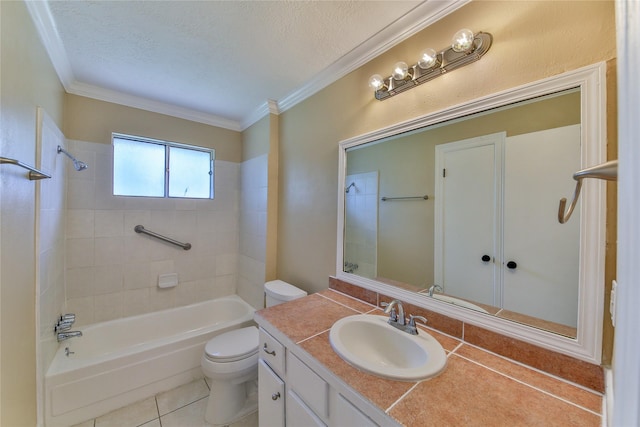 full bathroom with tile patterned floors, toilet, tiled shower / bath, a textured ceiling, and vanity