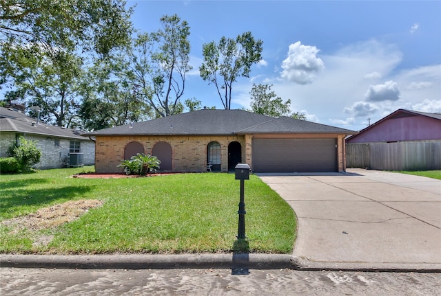 single story home with a garage, central AC, and a front yard