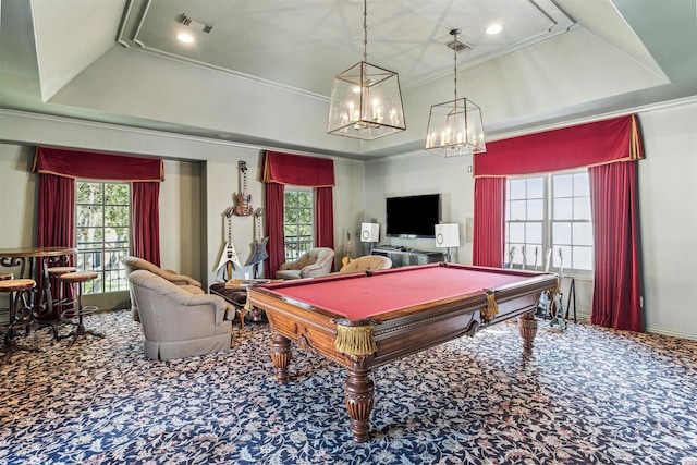 playroom with ornamental molding, carpet, and a tray ceiling