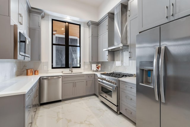 kitchen featuring wall chimney exhaust hood, appliances with stainless steel finishes, a sink, and gray cabinetry