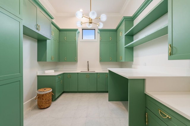 kitchen featuring green cabinets, crown molding, open shelves, and a sink