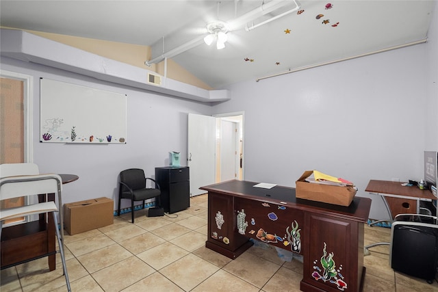 office space featuring vaulted ceiling with beams and light tile patterned floors