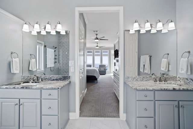 19307 Shores Dr, Galveston, TX 77554 - bathroom featuring vanity, ornamental molding, an enclosed shower, and ceiling fan