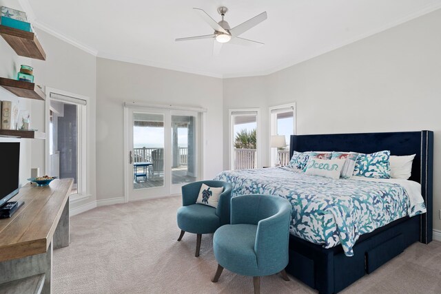 19307 Shores Dr, Galveston, TX 77554 - bedroom featuring ornamental molding, light colored carpet, access to exterior, and ceiling fan
