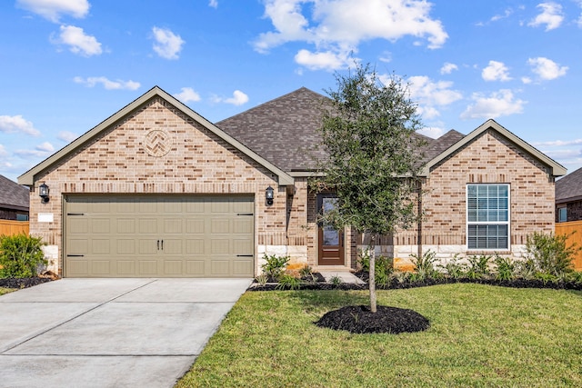 view of front of property with a garage and a front lawn