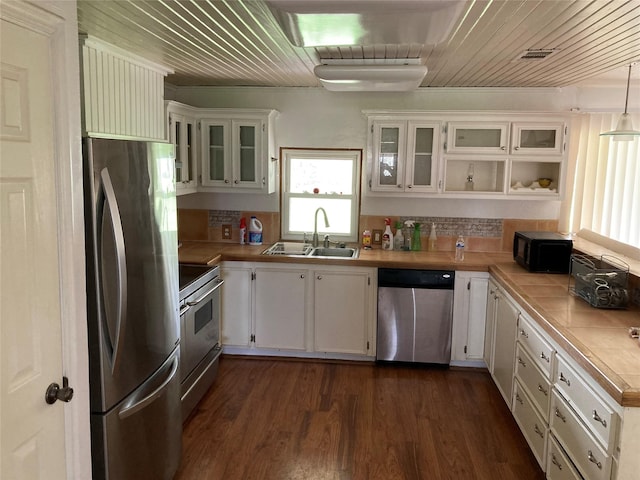 kitchen with white cabinetry, wood ceiling, stainless steel appliances, and sink