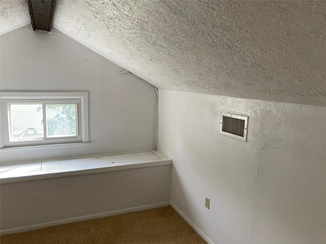 additional living space with lofted ceiling, carpet floors, and a textured ceiling