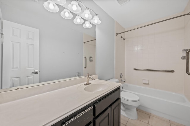 full bathroom featuring shower / tub combination, toilet, vanity, visible vents, and tile patterned floors