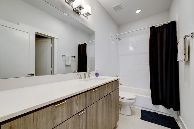 full bathroom featuring vanity, tile patterned flooring, shower / bath combination with curtain, and toilet