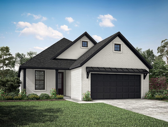 modern farmhouse featuring concrete driveway, roof with shingles, an attached garage, a front lawn, and brick siding