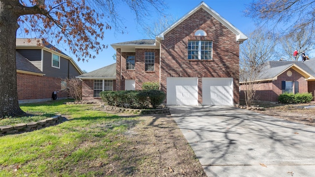 traditional home with a garage, concrete driveway, and brick siding