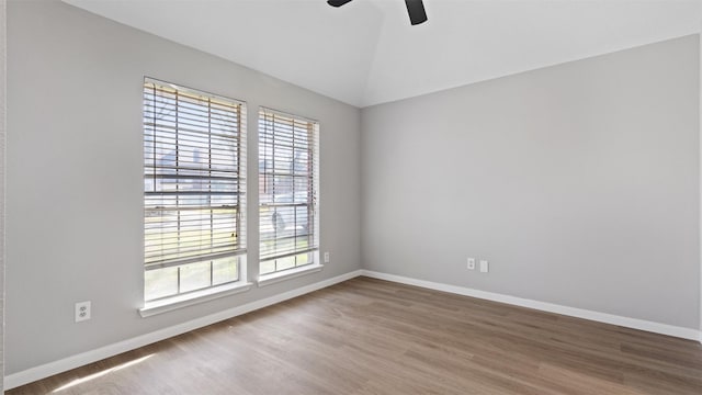 empty room featuring lofted ceiling, wood finished floors, and a healthy amount of sunlight