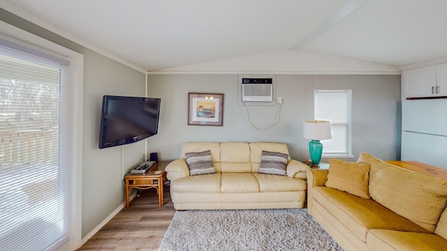 29331 County Rd 25, Damon, TX 77430 - living room featuring lofted ceiling, light hardwood / wood-style flooring, and a wall unit AC