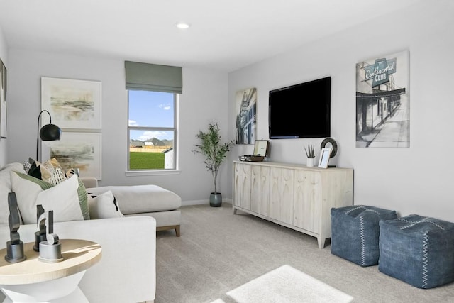 living room with light colored carpet