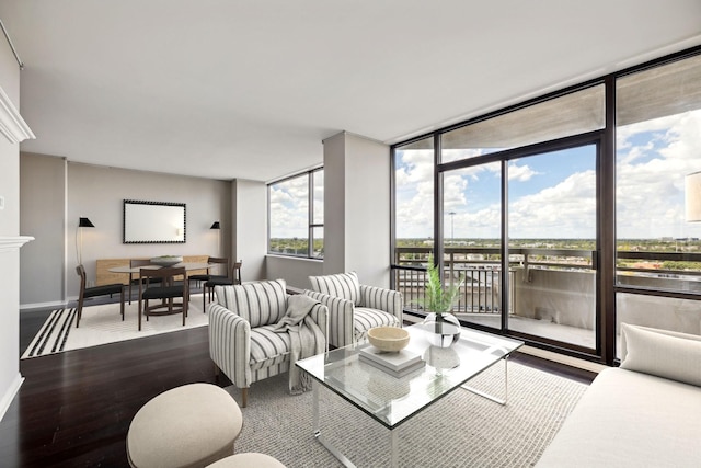 living room with floor to ceiling windows and hardwood / wood-style floors