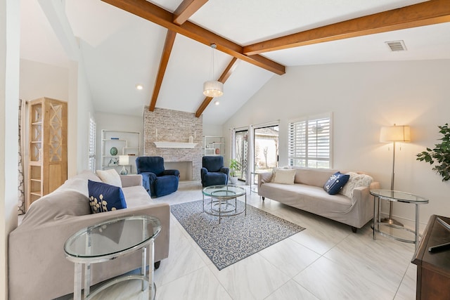 living room featuring beam ceiling, high vaulted ceiling, and a fireplace