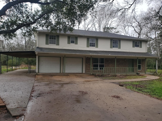 farmhouse-style home with a garage, a carport, and a porch