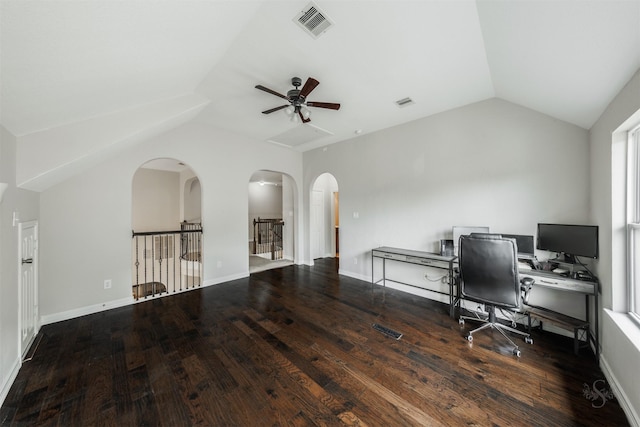 office area featuring lofted ceiling, dark wood-type flooring, and ceiling fan