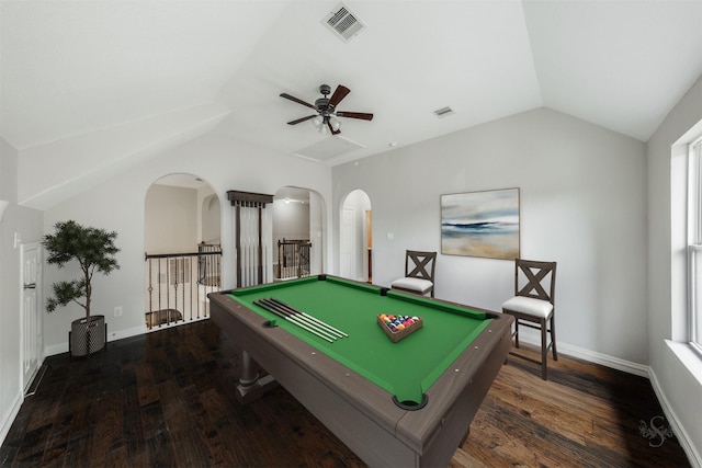 playroom featuring lofted ceiling, pool table, dark hardwood / wood-style floors, and ceiling fan