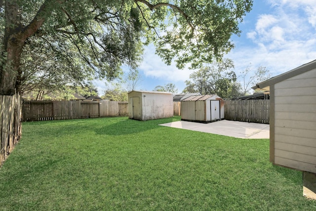 view of yard with a storage unit and a patio