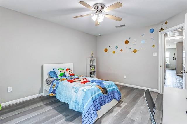 bedroom with ceiling fan and wood-type flooring