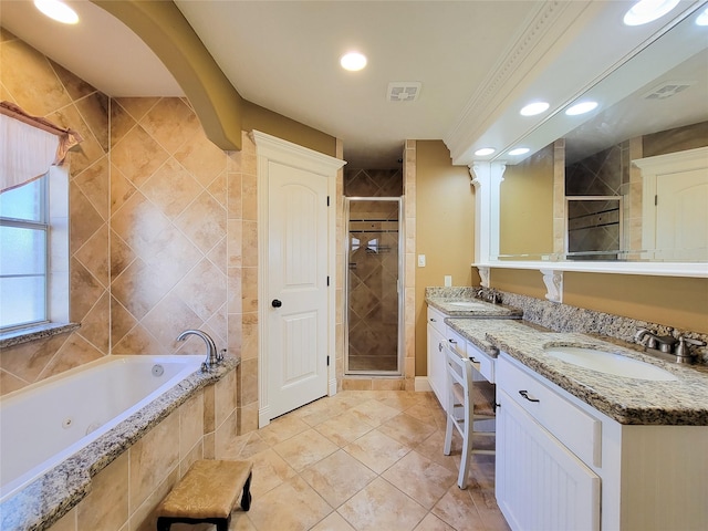 bathroom featuring crown molding, vanity, independent shower and bath, and tile patterned flooring