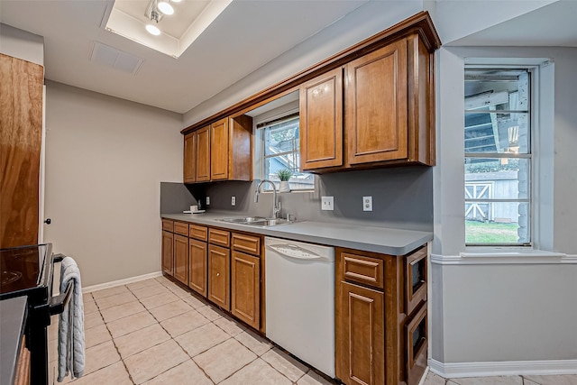 kitchen with sink, light tile patterned floors, white dishwasher, black range with electric cooktop, and backsplash