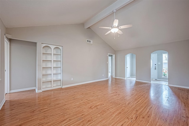 unfurnished living room with high vaulted ceiling, beamed ceiling, ceiling fan, light hardwood / wood-style floors, and built in shelves