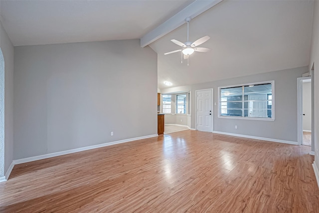 unfurnished living room featuring ceiling fan, beam ceiling, high vaulted ceiling, and light hardwood / wood-style flooring