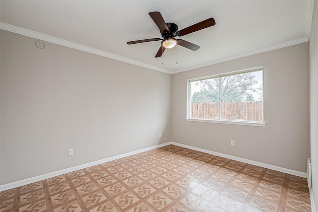 unfurnished room featuring ornamental molding and ceiling fan