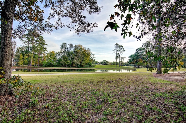 view of community featuring a water view and a yard